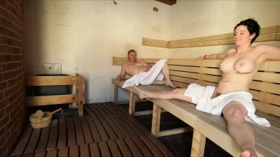 Really risky and fast fucking in a public sauna, squirting in the mouth